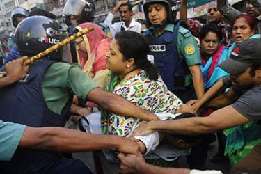 Bangladeshi police detain activists of the Bangladesh Nationalist Party (BNP) during a nationwide strike in Dhaka on November 14, 2010. Police fired rubber bullets and used batons against protestors in the Bangladeshi capital Dhaka today as a nationwide strike called by the main opposition party brought the country to a standstill. The clashes erupted as Bangladesh Nationalist Party activists staged protests