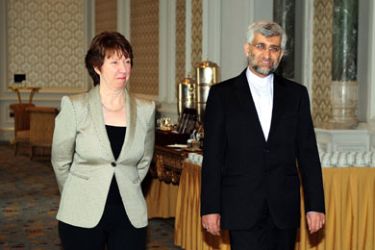 Iran's chief nuclear negotiator Said Jalili arrives (R) with European Union's foreign policy chief Catherine Ashton (L) arrive for a meeting, on January 21, 2011 as Iran and six world powers open talks on Tehran's disputed nuclear programme in Istanbul