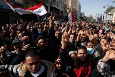 Protesters march during an anti-government demonstration in Suez January 28, 2011. Egypt's President Hosni Mubarak said he was committed to economic and political reform and was determined to secure the stability of Egypt in a televised address to the nation after a day of anti-government protests.