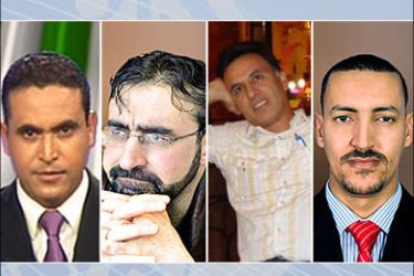 أحمد فال ولد الدين (يمين)و كامل التلوع وعمار الحمدان ولطفي المسعودي مراسلي الجزيرة المحتجزين في ليبيا
