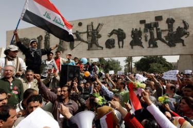 Protesters take part in a demonstration in central Baghdad March 11, 2011. The demonstration was held to call for the improvement of infrastructure and basic services such as electricity and water, as well as to ask the government to take real measures to fight corruption.