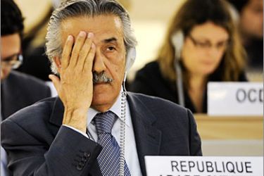 AFP - Permanent Representative of Syrian Arab Republic, ambassador Faysal Khabbaz Hamoui gestures after delivering a speech on April 29, 2011 at a special session of the United Nations (UN) Human Rights Council in Geneva. The meeting was requested by 10 European nations, the