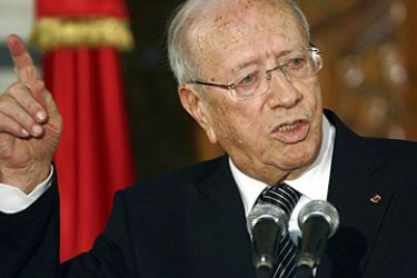 epa02703561 Tunsian Prime Minister Beji Caid Essebsi speaks during a press conference at the government Palace in Tunis, Tunisia, 26 April 2011. According to a local media source, Prime Minister Beji Caid Essebsi announced that officials from the former ruling Rally for Constitutional Democracy (RCD) in the past 10 years will not be allowed to run for elections scheduled on 24 July. A court in Tunisia on 01 March 2011 dissolved the RCD