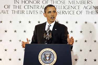 US President Barack Obama speaks at Central Intelligence Agency (CIA) headquarters in Langley, Virginia, May 20, 2011. Obama warned Friday Al-Qaeda members must watch their backs, as the United States acts on a trove of intelligence seized from Osama bin Laden's compound.