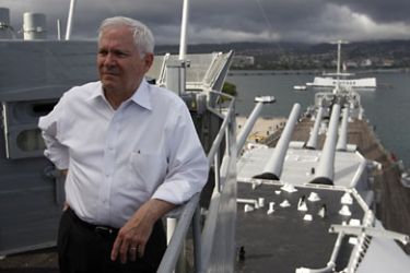US Secretary of Defense Robert Gates is pictured on the bridge deck of the USS Missouri battleship during his visit to Hawaii, May 31, 2011