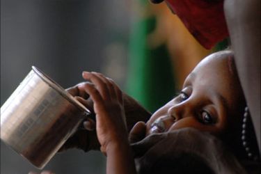 A severely malnourished Somali child receives Oral Rehydration Salts [O.R.S.] at Mogadishu's Banadir hospital on July 28, 2011