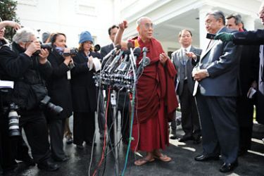 Photo dated February 18, 2010 shows Tibetan spiritual leader the Dalai Lama speaking to the media outside the White House after his meeting with US President Barack Obama in Washington