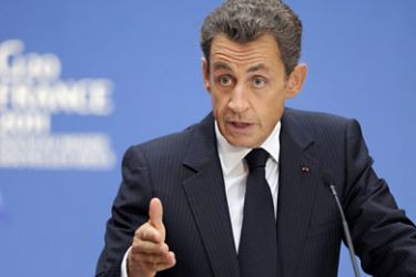 r_France's President Nicolas Sarkozy delivers his speech to the Group of 20 Labour Ministers reunion at the Elysee Palace in Paris September 26, 2011.