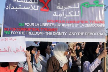 Protestors gather in Marrakech on September 25, 2011 for a demonstration organised by the youth-based February 20 Movement calling for reforms in the Arab world's oldest reigning monarchy.