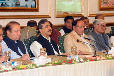 This handout photograph released by Pakistan's Press Information Department (PID) on September 29, 2011 shows Pakistani Prime Minister Yousuf Raza Gilani (3L) flanked by former premier and opposition leader Nawaz Sharif (2L), and other politicians Imran Khan (R), Asfandyar Wali Khan (2R), Chaudhry Shaujaat (3R) and Hyder Abbas Rizvi (L) as Gilani chairs a cross-party meeting in Islamabad on September 29