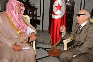 epa02916485 Tunisian Prime Minister beji Caid Essebsi meets with Saudian Foreign Minister Prince Saud al-Faysal bin Abd al-Aziz Al Saud in Tunisian Palace Government la Kasbah in Tunis, Tunisia, 14 September 2011. Prince Saud al-Faysal bin Abd al-Aziz Al Saud arrives a day before the resuming of Former Tunisian President Ben-Ali Ben Ali trial. Ben-Ali fled to Saudi Arabia after he was toppled