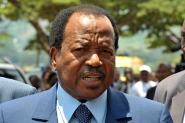 A file picture taken on October 9, 2011 shows Cameroonian President Paul Biya addressing the media after casting his vote at the Bastos bilingual school, one of Yaounde's voting stations