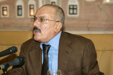 Yemeni President Ali Abdullah Saleh gives a speech which was also televised in Sanaa on October 8, 2011, where he said he is now ready to step down within days in the face of more than eight months of street protests demanding his ouster. AFP PHOTO/STR