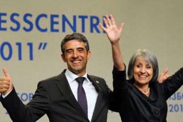 Bulgaria's newly elected President of the ruling right-wing GERB party Rosen Plevenliev and Vise President Margarita Popova celebrates prior to a news conference in Sofia on October 30, 2011. Plevneliev was elected Bulgaria's next president in a run-off Sunday, exit poll results showed.