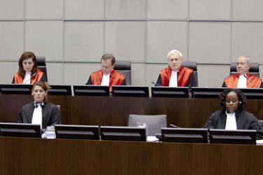 Leidschendam, -, NETHERLANDS : (L-R, second row) Judges Janet Nosworthy, Micheline Braidi, chair of the session Robert Roth, David Re, and Walid Akoum take part in a special session of the UN-backed Special Tribunal for Lebanon at a court room in Leidschendam on November 11, 2011.