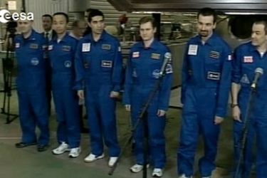 A grab taken from an ESA video on November 4, 2011 shows the six members of the Mars500 crew (from L), Russia Alexey Sitev, Russia's Sukhrob Kamolov,France's Romain Charles, China's Wang Yue, Italy's Diego Urbina and Russia's Alexander Smoleevskiy posing after they emerged from the Mars500 isolation facility in Moscow.