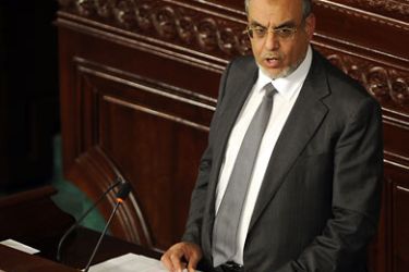 Tunisia's Prime Minister Hamadi Jebali delivers a speech to the Constituent Assembly to present his government on December 22, 2011 in Tunis. Hamadi Jebali on Thursday announced his new cabinet lineup, with key ministerial posts allotted to his dominant Islamist Ennahda party. The list of 41 cabinet members was drawn up two months after Tunisia's first free elections