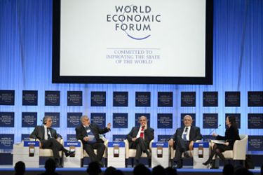 L to R) Egyptian presidential candidate and former Arab League chairman Amr Mussa, Morocco's Prime Minister Abdelilah Benkirane (L) Tunisia's new Prime Minister Hamadi Jebali, Egyptian presidential candidate Abdel Moneim Abul Futuh and Senior Presenter Al Arabiya, Nadine Hani, attend a session at the World Economic Forum (WEF) annual meeting in the Swiss resort of Davos, on January 27, 2012.