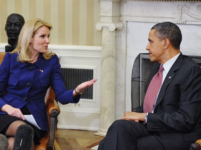 Danish Prime Minister Helle Thorning-Schmidt speaks during a meeting with US President Barack Obama February 24, 2012 in the Oval Office of the White House in Washington, DC.