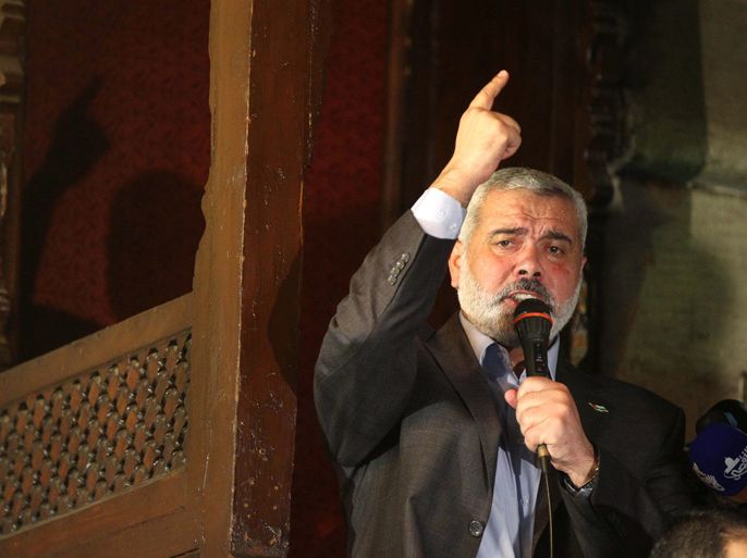 Hamas's Gaza premier Ismail Haniya delivers a speech after Friday prayers in the Al-Azhar grand mosque in Cairo on February 24, 2012 where he hailed the "heroic" Syrian struggle for democracy,