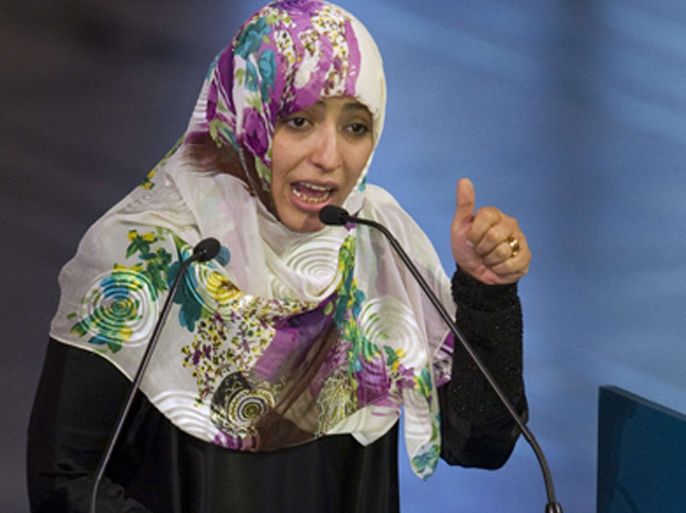 2011 Nobel Peace Prize laureate, Yemeni activist Tawakkol Karman, delivers her lecture on December 10, 2011 during the Nobel Peace Prize award ceremony at the City Hall in Oslo.