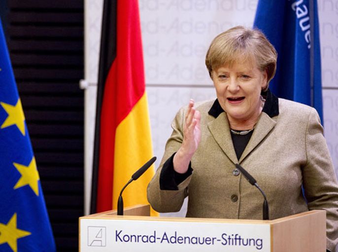 German Chancellor Angela Merkel delivers a speech during a celebration to mark 10-years of the Euro at the conservative Konrad Adenauer foundation in Berlin on January 23, 2012.