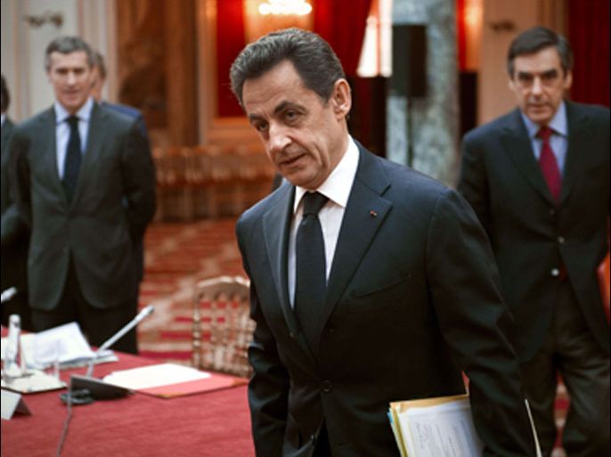 French President Nicolas Sarkozy attends a conference focused on the financing of local authorities with French ministers and local authorities leaders on February 10, 2012 at the Elysee palace in Paris.
