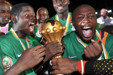 Zambia national football team players celebrate their victory