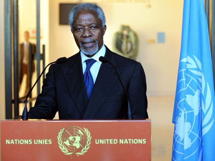 UN-Arab League envoy Kofi Annan speaks to the press on March 16, 2012 in Geneva after a videoconference briefing of the United Nations Security Council. Annan said today he would send a technical team to Damascus next week to discuss setting up an international monitoring mission for Syria. Syria's envoy to the UN Bashar Jaafari said the experts were expected in Damascus on March 18. AFP PHOTO/ PHILIPPE MERLE