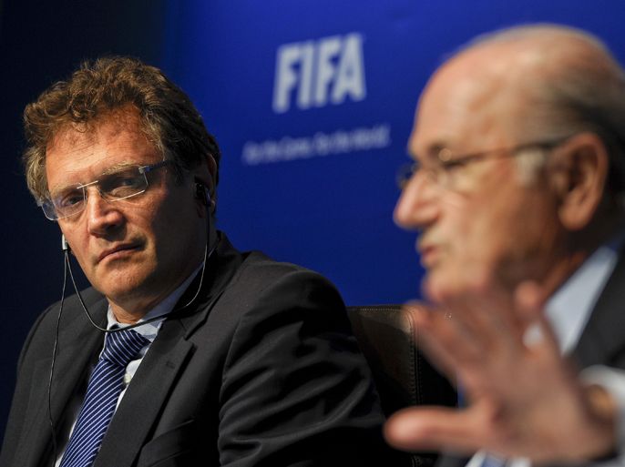 FIFA president Joseph Blatter (R) gestures next to FIFA secretary general Jerome Valcke (L) during a press conference following an executive meeting on March 30, 2012 at the World football governing body's headquarters in Zurich.