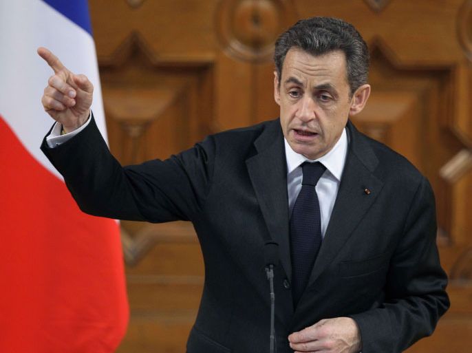 France’s incumbent president and UMP ruling party candidate for the 2012 presidential election Nicolas Sarkozy delivers a speech at the Mediterraneen Center University during a campaign visit on March 9, 2012 in Nice, southeastern France. AFP PHOTO / VALERY HACHE