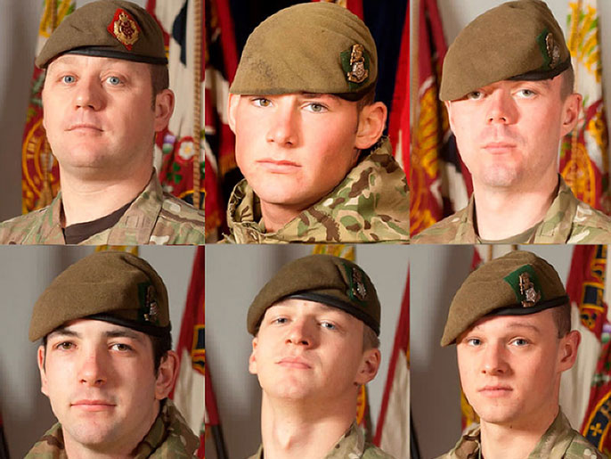 ‪الجنود البريطانيون الستة الذين قتلوا في انفجار تبنته طالبان‬ الجنود البريطانيون الستة الذين قتلوا في انفجار تبنته طالبان (الفرنسية)