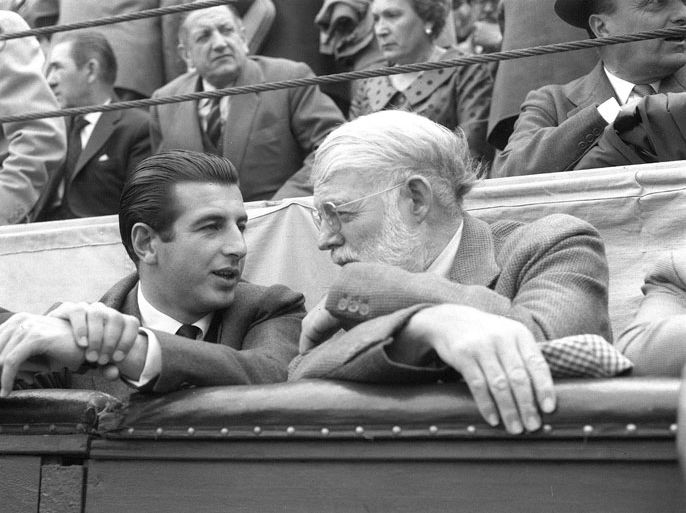 File photo of Ernest Hemingway and his good friend Spanish bull fighter Antonio Ordٌَez in the Ventas bull ring during the San Isidro bull fights.