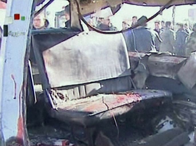 An image grab taken off the official Syrian TV on March17, 2012, shows a destroyed vehicle with blood stained seats following twin bombings in the Syrian capital Damascus which killed several civilians and police, state television said without giving figures, amid fears Al-Qaeda is trying to exploit