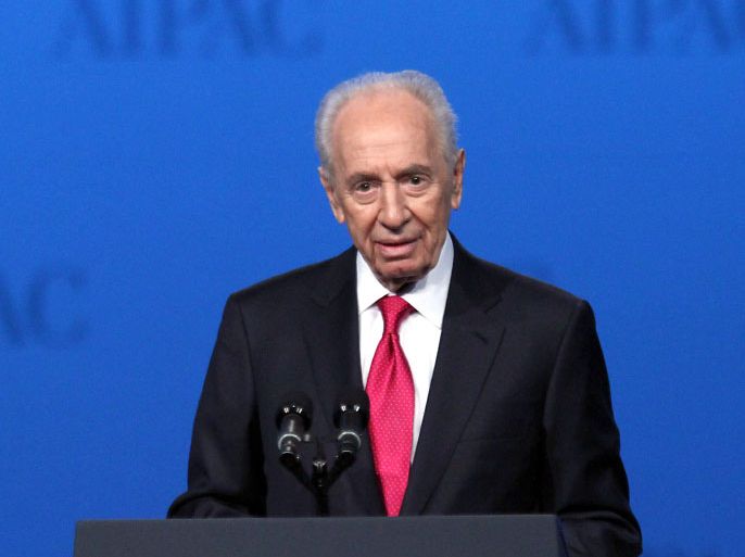 Israeli President Shimon Peres speaks to the American Israel Public Affairs Committee (AIPAC) at their annual conference in Washington DC, March 4, 2012. Obama reaffirmed his strong backing for key ally Israel on Sunday, warning Iran that he would not hesitate to use force, if required, to stop it developing a nuclear weapon. AFP Photo/Chris KLEPONIS