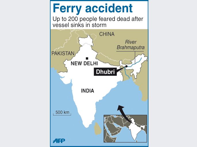 Map locating the Indian town of Dhubri, near where an overcrowded ferry capsized