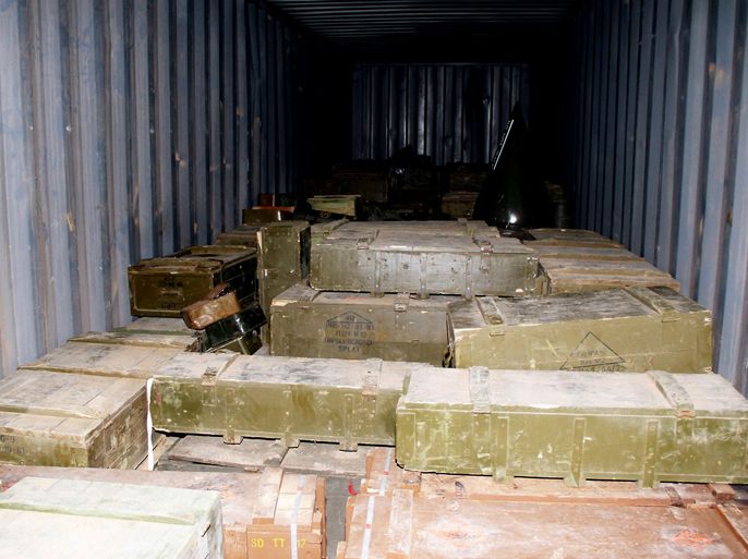 A handout picture released by the Lebanese army on April 28, 2012 shows crates of ammunition inside one of the containers of the vessel "Lutfallah II" at the port of Selaata, north of Beirut. The Lebanese navy intercepted three containers of weapons destined for Syrian rebel forces on board a ship originating from Libya, a security official told AFP. AFP