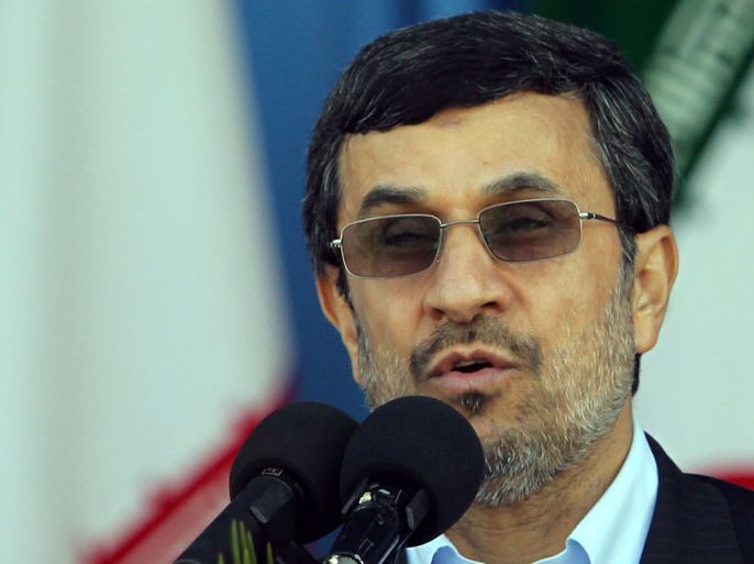 Iranian President Mahmoud Ahmadinejad speaks during a ceremony marking the annual National Army Day in Tehran, Iran, 17 April 2012. Ahmadinejad said that Irans Army will give a harsh and paralyzing response to any aggressions to the nation's interests and dignity. EPA/ABEDIN TAHERKENAREH