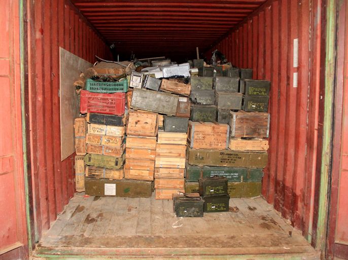 A handout picture released by the Lebanese army on April 28, 2012 shows crates of ammunition inside one of the containers of the vessel "Lutfallah II" at the port of Selaata, north of Beirut. The Lebanese navy intercepted three containers of weapons destined for Syrian rebel forces on board a ship originating from Libya, a security official told AFP.