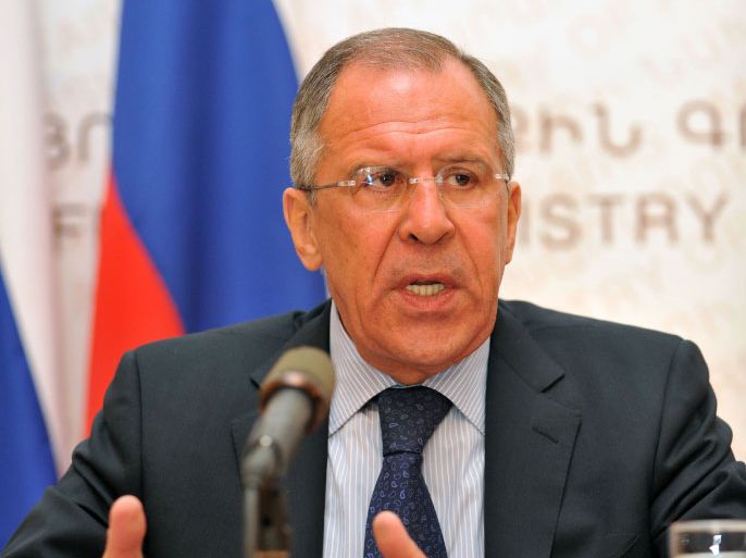 Russian Foreign Minister Sergei Lavrov speaks to the media in Yerevan, on April 2, 2012, after a meeting with his Armenian counterpart Edward Nalbandian. Russia rejected today Arab and Western calls for a deadline to be set for the Syrian regime's implementation of a peace plan put forward by international mediator Kofi Annan. "Ultimatums and artificial deadlines rarely help matters," Lavrov said while on a visit to the former Soviet nation of Armenia. AFP PHOTO / KAREN MINASYAN
