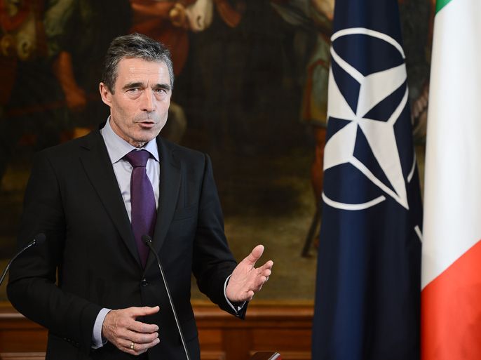 NATO Secretary General Anders Fogh Rasmussen speaks during a press conference on April 27, 2012 at the Chigi Palace in Rome. AFP PHOTO / ANDREAS SOLARO