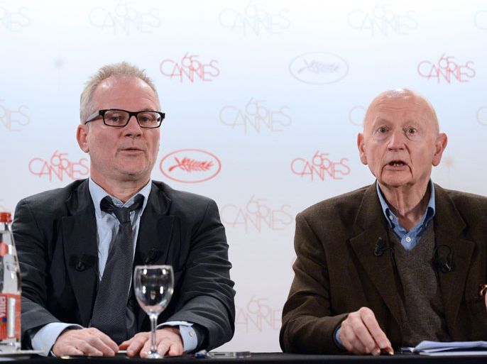 The president of the Cannes Film Festival Gilles Jacob (R) and the general delegate of the Cannes Festival, Thierry Fremaux, give a press conference during the presentation of the films competing in the next 2012 Cannes Film Festival on April 19, 2012 in Paris. The 65th edition of the festival will held from May 16 to 27, 2012. AFP PHOTO
