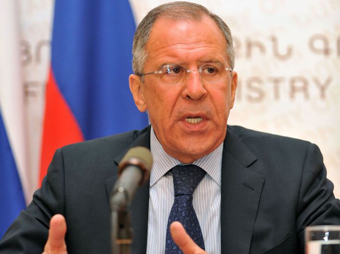 Yerevan, -, ARMENIA : Russian Foreign Minister Sergei Lavrov speaks to the media in Yerevan, on April 2, 2012, after a meeting with his Armenian counterpart Edward Nalbandian. Russia rejected today Arab and Western calls for a deadline to be set for the Syrian regime's implementation of a peace plan put forward by international mediator Kofi Annan. "Ultimatums and artificial deadlines rarely help matters," Lavrov said while on a visit to the former Soviet nation of Armenia. AFP PHOTO / KAREN MINASYAN