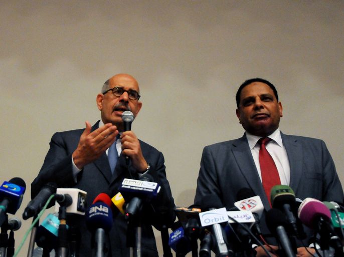 Nobel laureate and top Eygptian dissident Mohamed ElBaradei (L) speaks during a joint press conference with Egyptian writer and political activist Alaa al-Aswany to announce the launch of a new party Al-Dustur (Constitution) at the journalists' syndicate in Cairo on April 28, 2012. AFP