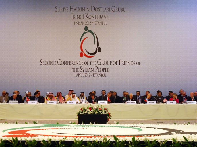 Participants attend on April 1, 2012 the opening session of the "Friends of Syria" conference in Istanbul. Clinton pushed for tighter sanctions on Syria and to hold its leaders to account as she attended key talks in Turkey aimed at ending Syria's bloodshed. Clinton joined delegates from dozens of European, Arab and other countries to look at ways of supporting opposition representatives in Istanbul and to apply further pressure on President Bashar al-Assad's regime. AFP