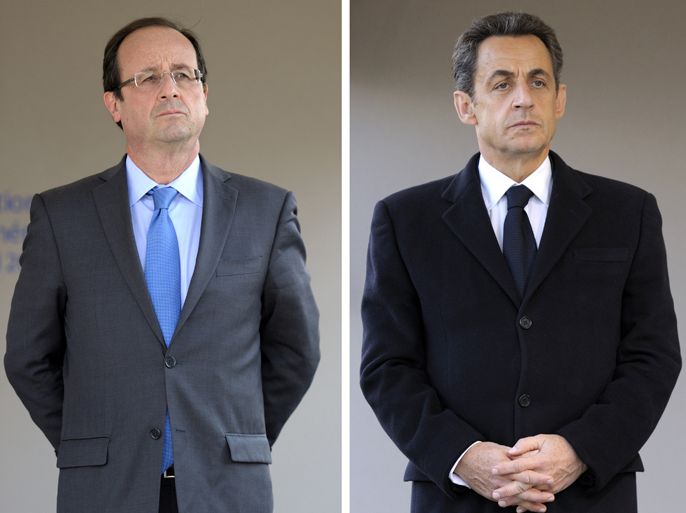 A combination of two pictures shows France's incumbent president and Union for a Popular Movement (UMP) party candidate for the French 2012 presidential election Nicolas Sarkozy (R) and Socialist Party candidate (PS) Francois Hollande (L), attending a ceremony to mark the mass killing of Armenians by Ottoman Turks 97 years ago on April 24, 2012 in Paris. Nicolas Sarkozy and Socialist rival Francois Hollande stepped up their battle Tuesday for the six million votes that went to the far right in the first round of France's presidential election. Hollande won Sunday's first round with 28.6 percent of the vote over 27.2 percent for Sarkozy and the two will square off in a final round on May 6 that opinion polls say the Socialist will win. AFP
