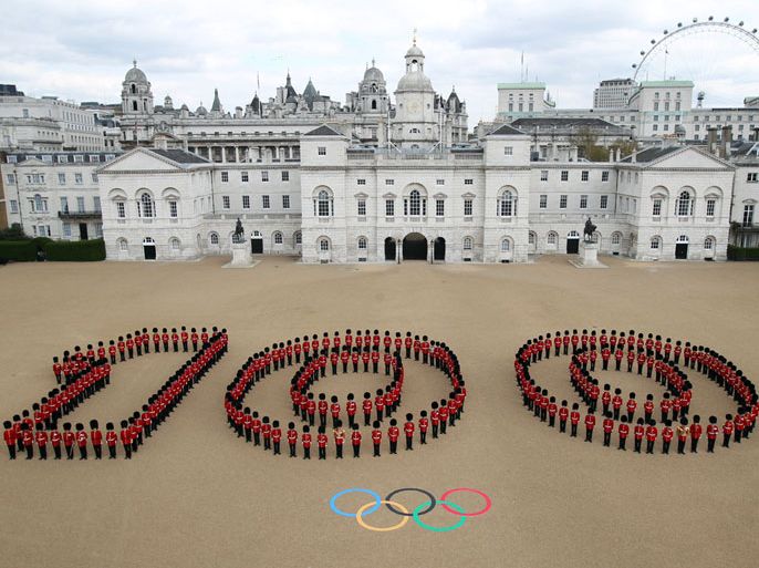LONDON - APRIL 16: In this handout image provided by LOCOG, An aerial view of the Horse Guards Parade in central London where 260 Guardsmen from the Grenadier, Coldstream, Scots and Welsh Guards mark 100 days to go to the London 2012 Olympic Games on April 16, 2012 in London, England. April 18th, 2012 marks 100 days to go until the start of the London 2012 Olympic Games. (Photo by LOCOG via Getty Images)
