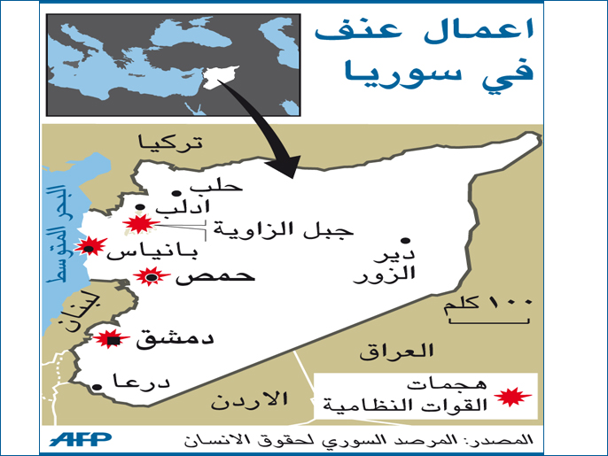 ‪‬ خريطة وزعها المرصد السوري لحقوق الإنسان تبين مناطق يقصفها النظام رغم الهدنة(الفرنسية)