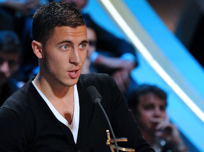 Lille's Belgian forward Eden Hazard delivers a speech after receiving the best L1 player trophy during the TV show "Canal Football Club" on May 14, 2012 in Paris, as part of the 20th edition of the UNFP (French National Professional Football players Union) trophy ceremony. AFP