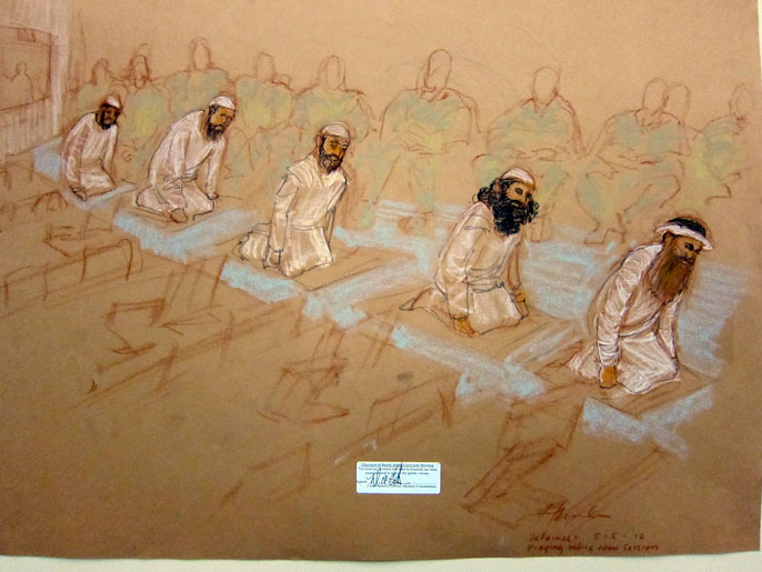 رسوم للمتهمين الخمسة وفي مقدمة الصورة خالد شيخ محمد (الفرنسية)